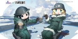 Rule 34 | 2girls, ark order, artist request, black eyes, black hair, blonde hair, blue eyes, chito (shoujo shuumatsu ryokou), coat, coffee, cup, day, green coat, helmet, holding, holding cup, ice, long hair, looking at viewer, multiple girls, official art, open mouth, outdoors, shoujo shuumatsu ryokou, sitting, yuuri (shoujo shuumatsu ryokou)