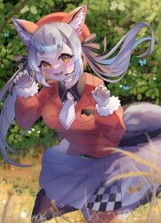 Rule 34 | 1girl, absurdres, amano ritsu827, animal ears, blazer, extra ears, fox ears, fox girl, fox tail, gloves, grey hair, hat, highres, island fox (kemono friends), jacket, kemono friends, kemono friends v project, long hair, looking at viewer, microphone, necktie, outdoors, pantyhose, ribbon, shirt, skirt, solo, tail, twintails, virtual youtuber, yellow eyes