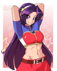 Rule 34 | 1girl, absurdres, arms behind head, artist name, asamiya athena, breasts, highres, large breasts, long hair, looking at viewer, midriff, navel, purple eyes, purple hair, skirt, smile, snk, solo, the king of fighters, the king of fighters 2002, toned