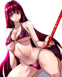 Rule 34 | 1girl, bikini, breasts, cleavage, fate/grand order, fate (series), gae bolg (fate), highres, kisaragi tsurugi, large breasts, lips, long hair, nail polish, navel, o-ring, o-ring bikini, purple bikini, purple hair, purple nails, red eyes, scathach (fate), scathach (fate/grand order), scathach (swimsuit assassin) (fate), solo, swimsuit, thighs, underboob