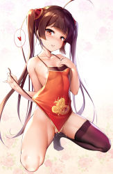 Rule 34 | 1girl, absurdres, ahoge, apron, areola slip, azur lane, black thighhighs, blush, breasts, brown hair, chinese clothes, chinese new year, commentary request, dudou, full body, heart, highres, kneeling, long hair, looking at viewer, medium breasts, naked apron, no panties, ping hai (azur lane), pussy juice, red eyes, shiny skin, shuffle (songdatiankong), single thighhigh, solo, thighhighs, twintails