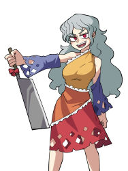 Rule 34 | 1girl, absurdres, cleaver, detached sleeves, dress, eddybird55555, grey hair, highres, holding, holding weapon, long hair, multicolored clothes, multicolored dress, nata (tool), red eyes, ringed eyes, sakata nemuno, sharp teeth, simple background, single strap, smile, solo, standing, teeth, touhou, vanripper (style), weapon, white background