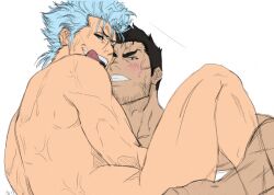 Rule 34 | 2boys, :q, aizenhower, bara, beard stubble, black hair, bleach, blue hair, blush, clenched teeth, completely nude, facial hair, grimmjow jaegerjaquez, implied anal, implied sex, kurosaki isshin, looking at another, male focus, mature male, multiple boys, muscular, muscular male, naughty face, nude, out-of-frame censoring, seductive smile, short hair, smile, stubble, teeth, tongue, tongue out, yaoi