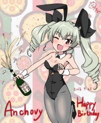Rule 34 | 10s, 1girl, alcohol, anchovy (girls und panzer), animal ears, bottle, bow, bowtie, brown eyes, champagne, detached collar, drill hair, fake animal ears, girls und panzer, green hair, happy birthday, leotard, nekota susumu, one eye closed, pantyhose, playboy bunny, rabbit ears, solo, twin drills, twintails, wrist cuffs