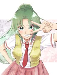 Rule 34 | 1girl, :d, blush, breasts, collared shirt, commentary, cowboy shot, eyebrows hidden by hair, eyelashes, foreshortening, green eyes, green hair, grin, hand on own hip, hand up, highres, higurashi no naku koro ni, large breasts, long hair, looking at viewer, necktie, open mouth, parted bangs, ponytail, red necktie, shirt, short sleeves, simple background, smile, solo, sonozaki mion, upturned eyes, v, v over eye, very long hair, vest, white background, white shirt, yellow vest, yuno ff