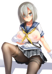 Rule 34 | 10s, 1girl, black pantyhose, blue eyes, blush, breasts, covered erect nipples, female focus, gen (black factory), gloves, hair ornament, hair over one eye, hairclip, hamakaze (kancolle), highres, kantai collection, lactation, lactation through clothes, large breasts, looking at viewer, nipple stimulation, nipple tweak, nipples, pantyhose, school uniform, see-through, see-through silhouette, serafuku, short hair, silver hair, simple background, skirt, solo, white gloves