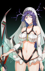Rule 34 | 1girl, altera (fate), altera (fate) (cosplay), bikini, bodypaint, breasts, choker, cosplay, detached sleeves, electricity, facing viewer, fate (series), forehead protector, fuuko chan, gradient background, halterneck, highres, holding, holding weapon, large breasts, long hair, looking to the side, low-tied long hair, minamoto no raikou (fate), parted bangs, purple eyes, purple hair, showgirl skirt, smile, solo, standing, swimsuit, veil, weapon