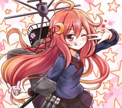 Rule 34 | 10s, 1girl, :q, ;), ;q, ahoge, rabbit hair ornament, crescent, crescent hair ornament, hair ornament, kantai collection, long hair, looking at viewer, machinery, nichika (nitikapo), one eye closed, pleated skirt, red eyes, red hair, school uniform, serafuku, skirt, smile, solo, star (symbol), starry background, tongue, tongue out, uzuki (kancolle)