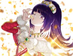 Rule 34 | 1girl, blue gemstone, blunt bangs, blurry, blurry background, coin, commentary request, detached sleeves, dress, fur-trimmed dress, fur-trimmed sleeves, fur trim, gem, gold necklace, gold trim, green gemstone, hanazono shuka, hand up, holding, holding coin, idol clothes, idol time pripara, jewelry, long hair, looking at viewer, money rain, murakami hisashi, necklace, object kiss, one eye closed, open mouth, pink lips, ponytail, pretty series, pripara, purple eyes, purple hair, red dress, solo, sparkle, tiara, upper body, white background