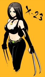 Rule 34 | 10s, 1girl, breasts, bridal gauntlets, brown hair, claws, cleavage, collar, crop top, green eyes, jewelry, laura kinney, crossed legs, long hair, marvel, pants, pendant, piko (osso), sitting, smile, solo, x-23, x-men