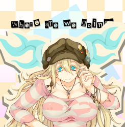 Rule 34 | 1girl, alternate costume, alternate hairstyle, anchor, bad id, bad pixiv id, badge, beanie, blonde hair, blue eyes, breasts, button badge, checkered background, cleavage, collarbone, colored eyelashes, english text, fingernails, flower-shaped pupils, green hat, hat, heart, horns, jewelry, large breasts, long hair, long sleeves, looking at viewer, multicolored eyes, necklace, off shoulder, pink eyes, puzzle &amp; dragons, ring, ring necklace, sakuya (p&amp;d), shirt, smile, solo, striped clothes, striped shirt, symbol-shaped pupils, text focus, zutta