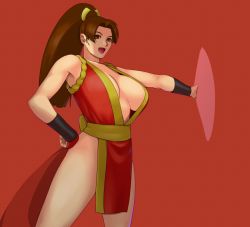 Rule 34 | 1girl, breasts, fan, fatal fury, highres, large breasts, ponytail, shiranui mai, smile