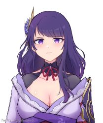 Rule 34 | 1girl, asiri senpai, blush, breasts, cleavage, collarbone, flower, frown, genshin impact, highres, japanese clothes, kimono, light frown, long hair, looking at viewer, medium breasts, mitsudomoe (shape), mole, mole under eye, obi, obijime, purple eyes, purple flower, purple hair, purple kimono, raiden shogun, sash, simple background, solo, tomoe (symbol), unamused, upper body, white background