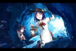 Rule 34 | 2girls, adapted costume, alternate hair length, alternate hairstyle, arm support, black hat, blue hair, bow, capelet, cave, commentary, dress, frills, hat, hat ribbon, hinanawi tenshi, holding, lamp, large bow, letterboxed, multiple girls, nagae iku, parted lips, purple hair, rainbow gradient, rainbow order, red bow, red eyes, ribbon, short hair, short sleeves, sketch, standing, tetsurou (fe+), touhou, white dress