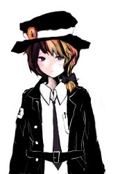 Rule 34 | 1girl, absurdres, bad id, bad pixiv id, belt, black bow, black coat, bow, breast pocket, brown eyes, brown hair, coat, emblem, emblem request, eyelashes, facing viewer, hair bow, hat, heterochromia, highres, lips, looking to the side, necktie, patch, pen in pocket, pocket, purple eyes, shirt, shirt pocket, side ponytail, simple background, solo, star (symbol), symbol in eye, timesoe, touhou, usami renko, white background, white bow, white shirt