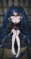Rule 34 | 1girl, absurdly long hair, bare shoulders, black bow, black choker, black kimono, blue hair, blush, bow, breasts, choker, closed mouth, earrings, eyes visible through hair, hair between eyes, hair bow, hair over one eye, highres, indoors, japanese clothes, jewelry, kimono, large breasts, long hair, long sleeves, looking at viewer, matsogum, mole, mole under eye, no shoes, obi, off shoulder, original, pink eyes, red sash, sash, shouji, single earring, sitting, sliding doors, smile, solo, tatami, thighhighs, twintails, very long hair, white thighhighs