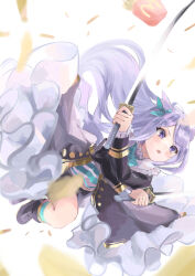 Rule 34 | 1girl, absurdres, animal ears, aqua bow, black footwear, black jacket, black skirt, blush, bow, commentary request, dual wielding, ear bow, food, french fries, frilled jacket, frilled sleeves, frills, highres, holding, holding sword, holding weapon, horse ears, horse girl, jacket, katana, long hair, long sleeves, mcdonald&#039;s, mejiro mcqueen (umamusume), open clothes, open jacket, open mouth, purple eyes, purple hair, simple background, skirt, solo, sword, tsurubami (gaad5227), umamusume, weapon, white background