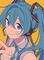 1girl 39 absurdres aqua_nails chromatic_aberration closed_mouth hair_between_eyes hand_up hatsune_miku headset highres light_blush looking_at_viewer nail_polish niyororinpayamaru orange_background portrait sideways_glance simple_background sleeveless smile solo tareme three_quarter_view v vocaloid