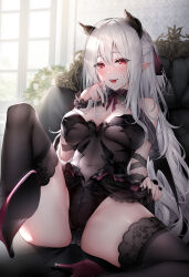 Rule 34 | 1girl, bare shoulders, black leotard, black nails, black thighhighs, blush, breasts, commentary request, covered navel, demon girl, eyes visible through hair, fangs, grey hair, half updo, hand up, high heels, highres, horns, indoors, large breasts, leotard, long hair, looking at viewer, nail polish, open mouth, original, oyuwari, pointy ears, purple footwear, red eyes, see-through, sitting, solo, spread legs, sweat, thighhighs, thighs, very long hair, wavy hair