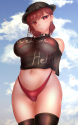Rule 34 | 1girl, black bow, black hat, black shirt, black thighhighs, bow, breasts, clothes writing, cloud, from below, hat, hecatia lapislazuli, highres, large breasts, looking at viewer, open mouth, panties, red eyes, red hair, red panties, shirt, short hair, shounen (hogehoge), sky, solo, t-shirt, thighhighs, touhou, underwear