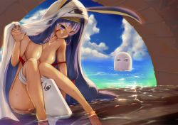Rule 34 | 1girl, absurdres, animal ears, arm support, barefoot, bed sheet, bird, blue sky, breasts, clothes pull, cloud, collarbone, dark-skinned female, dark skin, day, earrings, facepaint, fate/grand order, fate (series), hair tubes, hand up, headband, highres, hip focus, hoop earrings, jackal ears, jewelry, kickboard, knees up, legs, long hair, looking at viewer, low-tied long hair, medium breasts, medjed (fate), nitocris (fate), nitocris (fate/grand order), nitocris (swimsuit assassin) (fate), nitocris (swimsuit assassin) (second ascension) (fate), ocean, one-piece swimsuit, one-piece swimsuit pull, outdoors, parted lips, purple eyes, purple hair, satou daiji, shade, sidelocks, sitting, sky, solo focus, swimsuit, thighs, topless, very long hair, water, wet