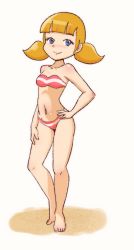 Rule 34 | 1girl, bandeau bikini, barefoot, bikini, blonde hair, blue eyes, blush, breasts, collarbone, dakunart, feet, full body, hand on own hip, highres, inspector gadget, legs, long hair, looking at viewer, low twintails, navel, penny (inspector gadget), red bikini, small breasts, smile, solo, swimsuit, thighs, twintails, white background