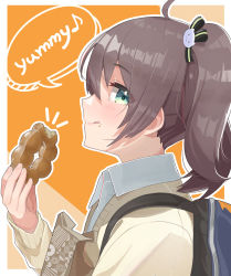 Rule 34 | 1girl, ahoge, alternate costume, black ribbon, blue eyes, brown cardigan, brown hair, cardigan, cat hair ornament, commentary request, doughnut, eating, food, food focus, food on face, hair between eyes, hair ornament, hair ribbon, highres, hololive, licking lips, mixed-language commentary, natsuiro matsuri, pon de ring, profile, ribbon, school uniform, short hair, side ponytail, solo, tatedano kabae, tongue, tongue out, uniform, virtual youtuber