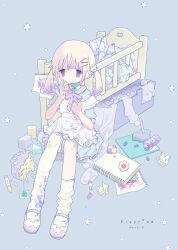 Rule 34 | 1girl, absurdres, blonde hair, blue bow, blue bowtie, blue hair, bow, bowtie, cake, collar, collared dress, cradle, crayon, dress, eating, expressionless, food, frilled dress, frills, gradient hair, gudon udon, hair ornament, hairclip, highres, holding, holding crayon, low twintails, medium hair, multicolored hair, notebook, original, pill, short sleeves, sidelocks, sitting, solo, stuffed toy, thighhighs, toy, twintails