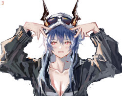 Rule 34 | 1girl, absurdres, arknights, black jacket, blue eyes, blush, breasts, ch&#039;en (arknights), ch&#039;en the holungday (arknights), cleavage, collarbone, dragon girl, dragon horns, eyewear on headwear, hair between eyes, highres, horns, horns through headwear, hoshino ai&#039;s pose, jacket, long hair, medium breasts, official alternate costume, open mouth, oshi no ko, pose imitation, red eyes, sidelocks, simple background, solo, star-shaped pupils, star (symbol), symbol-shaped pupils, upper body, wavy mouth, white background, white headwear, yuukiey