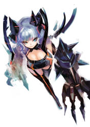 Rule 34 | 1girl, :3, animal ears, bare shoulders, black thighhighs, blue eyes, blue hair, boots, breasts, cat ears, claw (weapon), cleavage, cleavage cutout, clothing cutout, dress, garter straps, large breasts, matching hair/eyes, pump (pumpqmuq), short hair, simple background, solo, thigh boots, thighhighs, weapon, white background