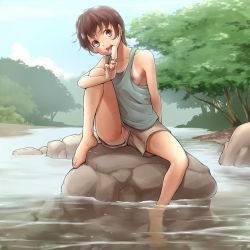 Rule 34 | 1girl, accidental exposure, barefoot, breasts, brown eyes, brown hair, cleft of venus, clothing aside, day, feet, female pubic hair, food, grey shirt, head tilt, highres, jpeg artifacts, licking, looking at viewer, matching hair/eyes, nature, nipple slip, nipples, no bra, no panties, ogry ching, open mouth, original, outdoors, popsicle, pubic hair, pussy, pussy peek, river, rock, shirt, short hair, shorts, shorts aside, sideboob, sitting, sitting on rock, small breasts, solo, sweat, tan, tank top, tanline, tomboy, tongue, tongue out, tree, uncensored, upshorts, water