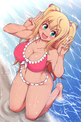 Rule 34 | 1girl, :d, beach, bikini, blonde hair, blush, breasts, cleavage, dark skin, dark-skinned female, day, double v, dumbbell nan kilo moteru?, fang, from above, front-tie bikini top, front-tie top, green eyes, highres, kneeling, large breasts, looking at viewer, navel, open mouth, outdoors, pink bikini, ponponmaru, sakura hibiki, sand, skin fang, smile, solo, swimsuit, twintails, v, water, wet