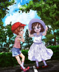 Rule 34 | 2girls, absurdres, adjusting clothes, adjusting headwear, aged down, akiyama yukari, baseball cap, blue shorts, blue sky, blurry, blurry background, brown eyes, brown hair, bush, closed eyes, cloud, cloudy sky, collared dress, commentary request, dappled sunlight, day, depth of field, dress, dutch angle, facing another, fingersmile, girls und panzer, grin, hat, highres, looking at another, medium dress, medium hair, multiple girls, mushinosuke, nishizumi miho, open mouth, outdoors, partial commentary, pink shirt, red footwear, shirt, short hair, short shorts, short sleeves, shorts, sky, smile, socks, standing, sun hat, sunlight, tank top, tree, white dress, white headwear, white socks
