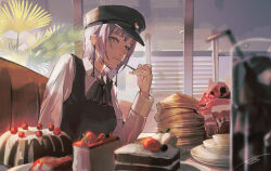 Rule 34 | 1girl, absurdres, brown eyes, bundt cake, cake, cake slice, chainsaw man, diner, dress, earrings, fami (chainsaw man), food, fourth east high school uniform, grey hair, hat, highres, holding, holding spoon, jewelry, looking at viewer, military hat, mole, mole under eye, mole under mouth, multiple moles, pancake, pancake stack, pinafore dress, school uniform, seies ss, short hair, sleeveless, sleeveless dress, solo, spoon, strawberry parfait, strawberry shortcake, tassel, tassel earrings