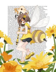 Rule 34 | 1girl, ahoge, alternate costume, antennae, arthropod girl, artist name, bee, bee antenna, bee girl, bee movie, bee stinger, beehive, black background, black legwear, black shirt, black shorts, black stripes, brown hair, bug, ears, english text, eyebrows visible through mask, eyelashes, feet, female focus, fingernails, flower, flower request, freckles, full body, girutea, goggles, hair ornament, hairclip, highres, holding, holding staff, honey, honeycomb, honeycomb hair ornament, indie virtual youtuber, insect, insect girl, insect wings, knees, lily hopkins, looking at viewer, medium hair, messy hair, multicolored background, one leg raised, open mouth, orange eyewear, orange goggles, orange wristband, plant request, sandals, script, shirt, short sleeves, shorts, signature, soles, solo, staff, staff (weapon), standing, stinger, striped clothes, striped shirt, teeth, the script of the bee movie (2007), thighs, tongue, turned around, turning head, upper teeth only, virtual youtuber, white background, wings, wristband, yellow flower, yellow footwear, yellow shirt, yellow stripes