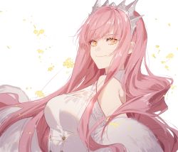 Rule 34 | 1girl, bad id, bad pixiv id, bsq, closed mouth, fate/grand order, fate (series), long hair, looking at viewer, lostroom outfit (fate), medb (fate), medb (lostroom outfit) (fate), pink hair, smile, solo, tiara, upper body, white background, yellow eyes