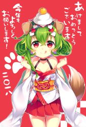 Rule 34 | 1girl, animal ears, dog ears, extra ears, green hair, highres, kurisu sai, looking at viewer, original, red eyes, short hair, skirt, smile, solo, tail, translation request