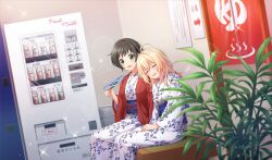 2girls bench black_hair blonde_hair blue_sash blurry cinderella_series closed_mouth depth_of_field dutch_angle film_grain floral_print_kimono game_cg green_eyes hachigatsu_no_cinderella_nine hair_down hand_fan highres holding holding_fan indoors japanese_clothes kawakita_tomoe kimono lens_flare light_particles looking_at_another multiple_girls non-web_source obi official_art open_mouth paper_fan plant potted_plant sash short_hair sitting sparkle takanashi_yuzu vending_machine wooden_bench yukata