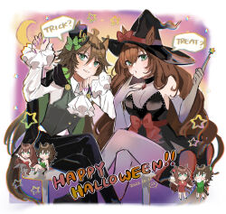 Rule 34 | 2girls, absurdres, ahoge, alternate costume, animal ears, baozi, bare shoulders, black dress, black pants, blush, breasts, brown hair, cape, chibi, china dress, chinese clothes, choker, chromatic aberration, claw pose, cleavage, crescent moon, crossed legs, dated, dress, ears through headwear, english text, fang, food, green eyes, green vest, hair ornament, hairclip, halloween, halloween costume, happy halloween, hat, highres, holding, holding wand, horse ears, horse girl, horse tail, ascot, kumo (mokumoku warabi), leotard, long hair, long sleeves, looking at viewer, maruzensky (umamusume), medium breasts, mini hat, mini top hat, moon, mouth hold, mr. c.b. (umamusume), multiple girls, open mouth, pants, shirt, sitting, smile, speech bubble, star (symbol), stool, strapless, strapless dress, tail, top hat, umamusume, vest, wand, white shirt, witch hat