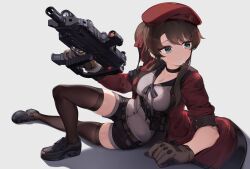 Rule 34 | 1girl, beret, black shorts, black thighhighs, breasts, brown gloves, commander (girls&#039; frontline), female commander (girls&#039; frontline), folding stock, girls&#039; frontline, gloves, griffin &amp; kryuger, gun, h&amp;k mp7, hachirodesu, hat, highres, jacket, medium breasts, optical sight, personal defense weapon, red hat, red jacket, shirt, shorts, solo, submachine gun, termichan (not-a-bot), thighhighs, weapon, white background, white shirt
