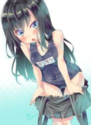 Rule 34 | 10s, 1girl, :o, artist name, asashio (kancolle), bare shoulders, black hair, blue eyes, blush, clothes pull, gradient background, highres, imu sanjo, jpeg artifacts, kantai collection, long hair, looking at viewer, name tag, old school swimsuit, one-piece swimsuit, open mouth, pleated skirt, pulling own clothes, school swimsuit, school uniform, skirt, skirt pull, solo, suspenders, swimsuit, undressing