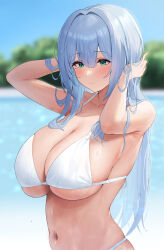 Rule 34 | 1girl, bare arms, bikini, blue hair, blue sky, blurry, blurry background, breasts, cleavage, closed mouth, collarbone, futon fly away, green eyes, highres, large breasts, mole, mole under eye, navel, original, sky, smile, solo, stomach, swimsuit, upper body, wet, wet hair, white bikini