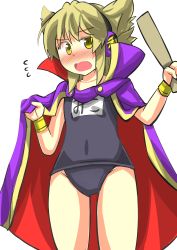Rule 34 | 1girl, blonde hair, blush, cape, embarrassed, flying sweatdrops, gaoo (frpjx283), headphones, highres, one-piece swimsuit, school swimsuit, solo, swimsuit, touhou, toyosatomimi no miko, wavy mouth, white background, yellow eyes