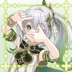 Rule 34 | 1girl, ;), armpits, bracelet, braid, cape, commentary request, detached sleeves, dress, finger frame, genshin impact, gradient hair, green eyes, grey hair, hair between eyes, hair ornament, highres, jewelry, long hair, looking at viewer, multicolored hair, nagatukiarare, nahida (genshin impact), one eye closed, pointy ears, short sleeves, side ponytail, simple background, single braid, smile, solo, symbol-shaped pupils, viewfinder, white dress