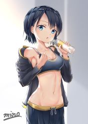 Rule 34 | 1girl, artist name, black hair, blue eyes, bottle, bra, breasts, cleavage, collarbone, cowboy shot, grey bra, grey jacket, grey pants, grey ribbon, groin, highres, holding, holding bottle, jacket, long sleeves, looking at viewer, midriff, minoominoomi, navel, open clothes, open jacket, open mouth, orgia, original, pants, short hair, sideboob, small breasts, solo, sports bra, standing, stomach, underwear, water bottle