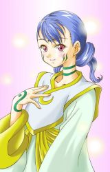 Rule 34 | 00s, 1girl, blue hair, blush, eureka seven, eureka seven (series), hand on own chest, long sleeves, looking at viewer, pink background, pink eyes, robe, sakuya (eureka seven), short hair, simple background, smile, solo, upper body