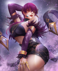 Rule 34 | 1girl, arched back, arm up, ass, bare shoulders, breasts, brown eyes, commentary, curvy, evelynn (league of legends), headset, highres, hip focus, huge ass, jewelry, k/da (league of legends), k/da evelynn, large breasts, league of legends, lipstick, long hair, looking at viewer, makeup, miniskirt, necklace, official alternate costume, parted lips, purple hair, skirt, solo, thick thighs, thighs, turewindwalker, wide hips
