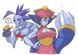 Rule 34 | 1boy, 1girl, ahoge, blue hair, blue skin, blush stickers, breasts, capcom, chinese clothes, claws, cleavage, cleavage cutout, clothing cutout, colored skin, flipped hair, grin, hand on own hip, hat, heart, highres, hip focus, jiangshi, large breasts, lei lei, ofuda, pakumaso, pointing, pointing at self, purple hair, qingdai guanmao, red eyes, short hair, smile, spoken heart, vampire (game), zabel zarock, zombie