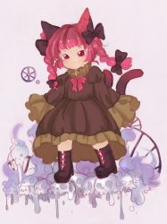 Rule 34 | 1girl, :3, animal ears, asato (aikiprpr), bad id, bad pixiv id, boots, bow, braid, cat ears, cat tail, cross-laced footwear, dress, dripping, frilled dress, frilled sleeves, frills, hair bow, highres, kaenbyou rin, red eyes, red hair, skull, smile, solo, tail, touhou, twin braids, wheel