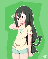 Rule 34 | 10s, 1girl, :&gt;, arm behind head, artist request, asui tsuyu, boku no hero academia, eyebrows, eyelashes, flying sweatdrops, green background, green hair, green shorts, long hair, looking to the side, short sleeves, shorts, skindentation, smile, solo, tagme